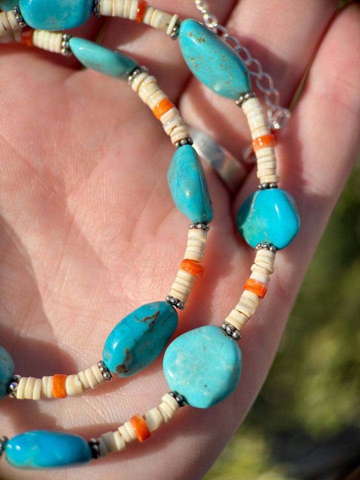 Nacozari Turquoise, Spiny Oyster, and Sterling Silver Necklace - SunlightSilver