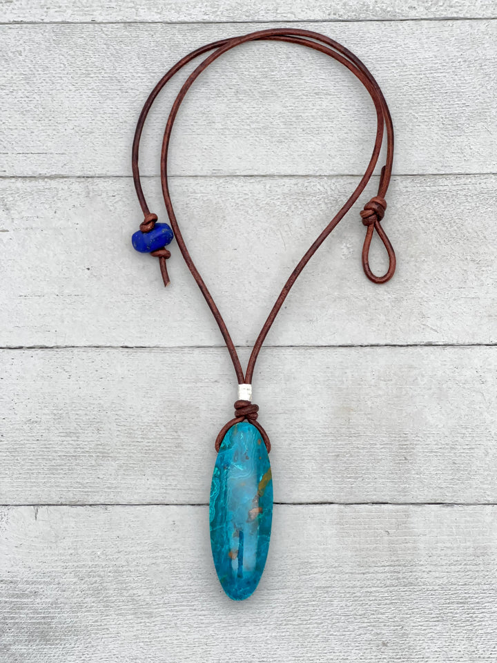 Large AAA Arizona Chrysocolla and Rustic Brown Leather Statement Necklace - SunlightSilver