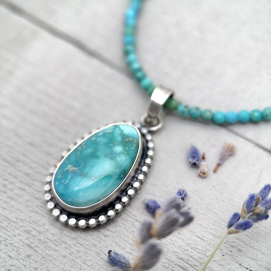 Nevada White Water Turquoise, Sterling Silver, and 14k Solid Gold Pendant - SunlightSilver