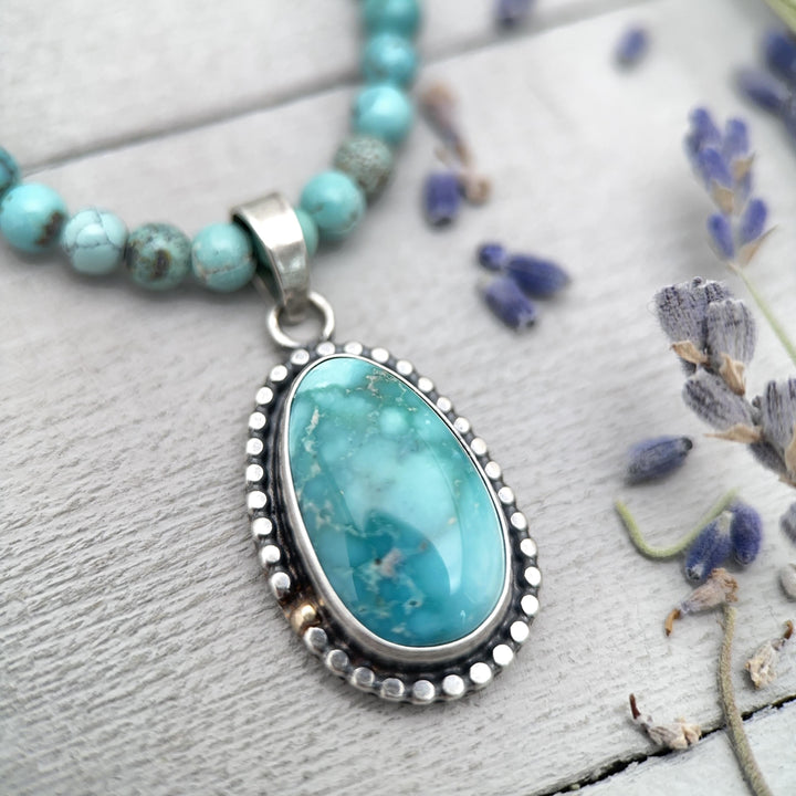 Nevada White Water Turquoise, Sterling Silver, and 14k Solid Gold Pendant - SunlightSilver