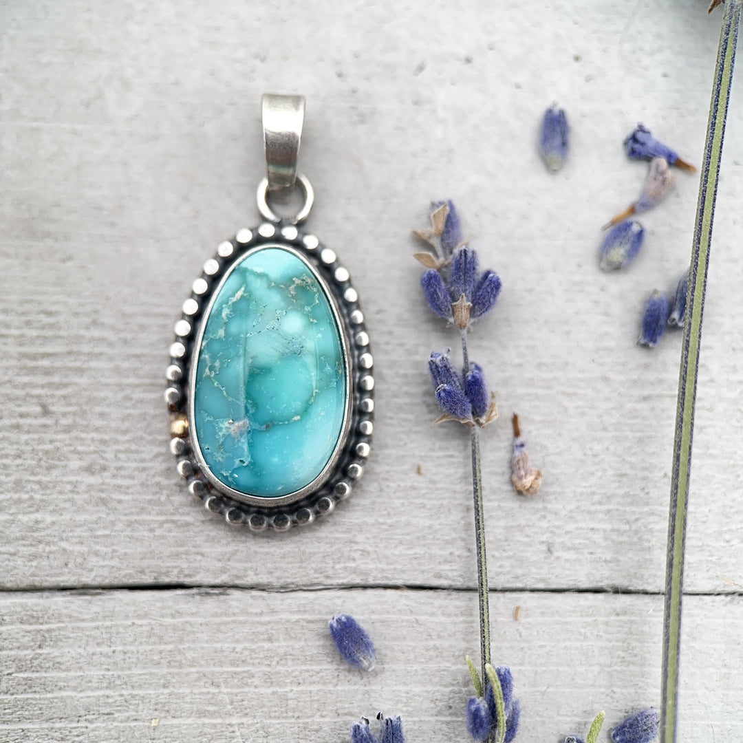 Nevada White Water Turquoise, Sterling Silver, and 14k Solid Gold Pendant - SunlightSilver