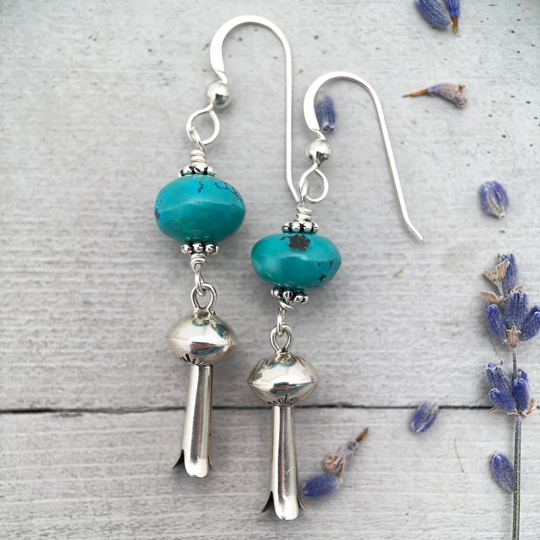 Turquoise and Navajo Sterling Silver Squash Blossom Earrings - SunlightSilver