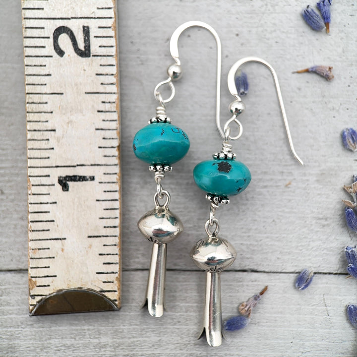 Turquoise and Navajo Sterling Silver Squash Blossom Earrings - SunlightSilver