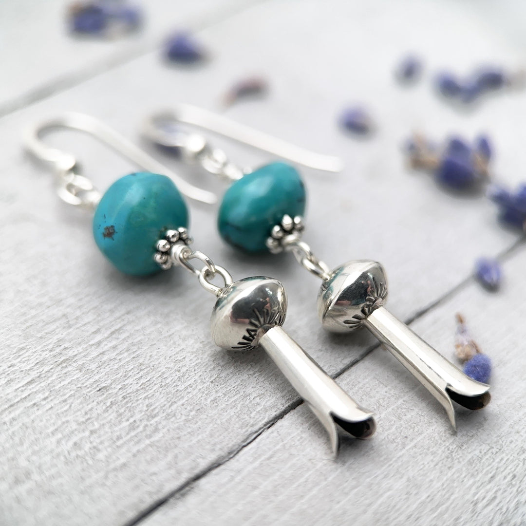 Turquoise and Navajo Sterling Silver Squash Blossom Earrings - SunlightSilver