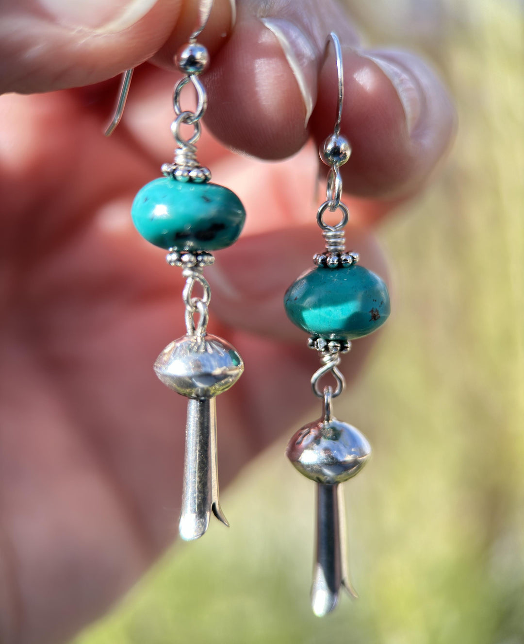 Turquoise and Navajo Sterling Silver Squash Blossom Earrings - SunlightSilver