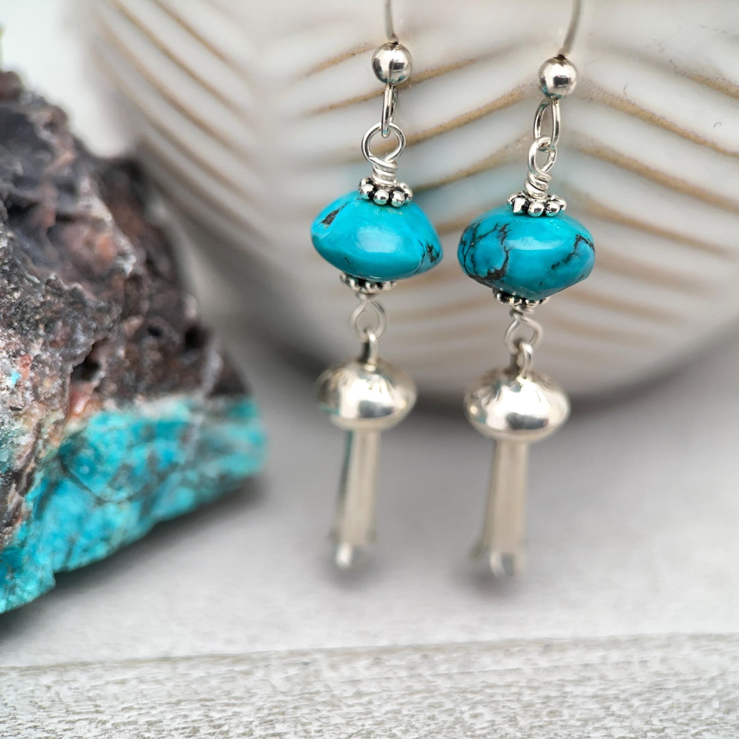 Turquoise and Navajo Sterling Silver Squash Blossom Earrings - SunlightSilver