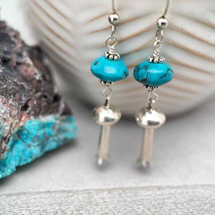 Turquoise and Navajo Sterling Silver Squash Blossom Earrings - SunlightSilver