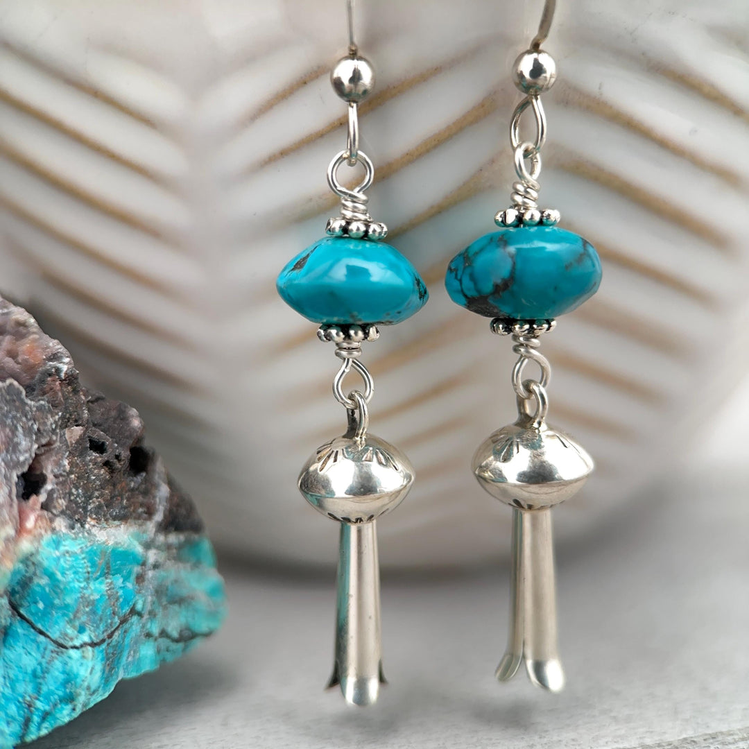 Turquoise and Navajo Sterling Silver Squash Blossom Earrings - SunlightSilver