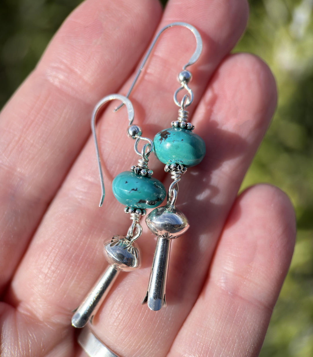 Turquoise and Navajo Sterling Silver Squash Blossom Earrings - SunlightSilver