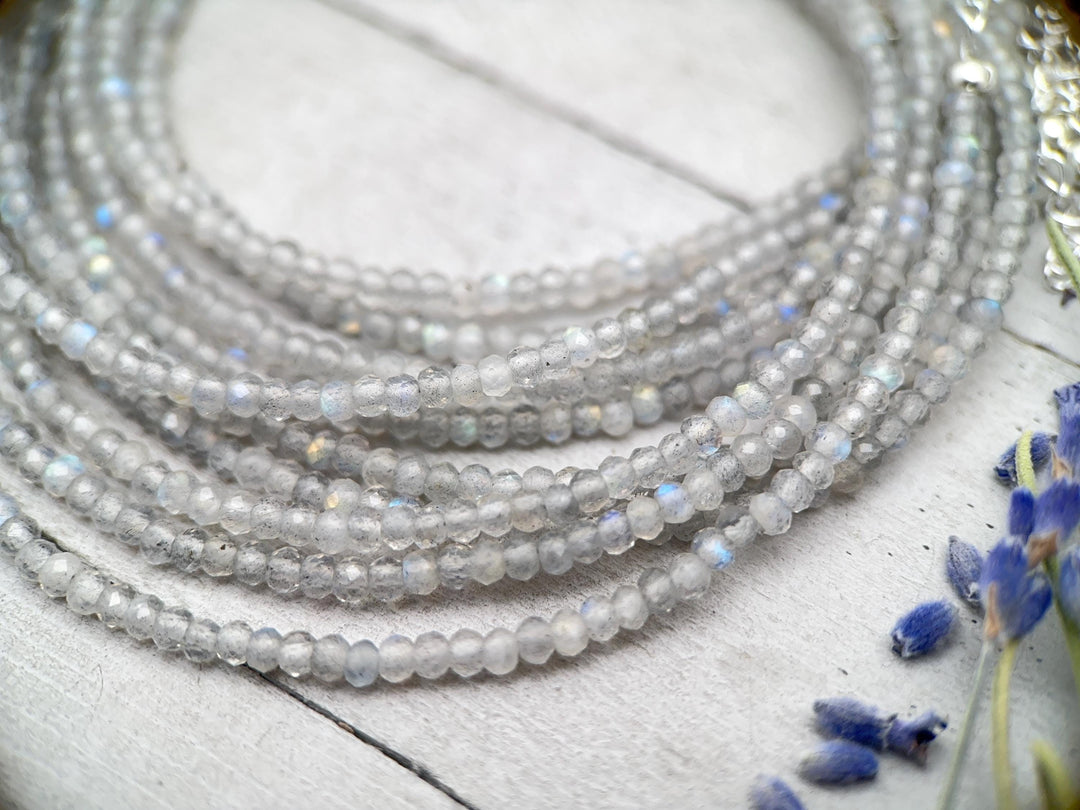 Faceted Glowing Labradorite and Sterling Silver Beaded Necklace - SunlightSilver