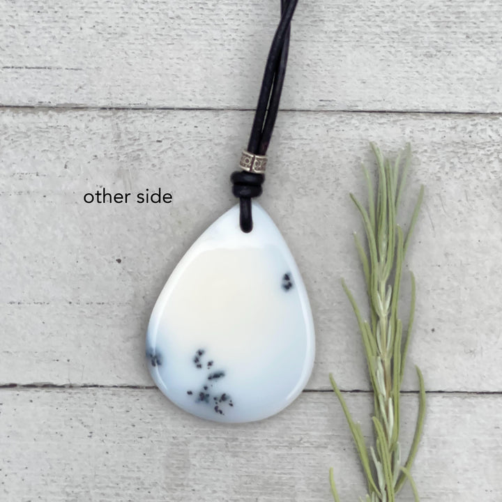 Dendritic Opal Chalcedony and Black Leather Necklace - SunlightSilver