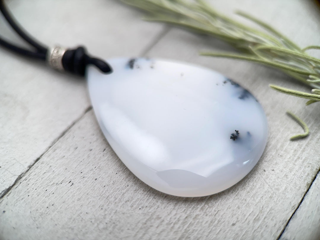 Dendritic Opal Chalcedony and Black Leather Necklace - SunlightSilver