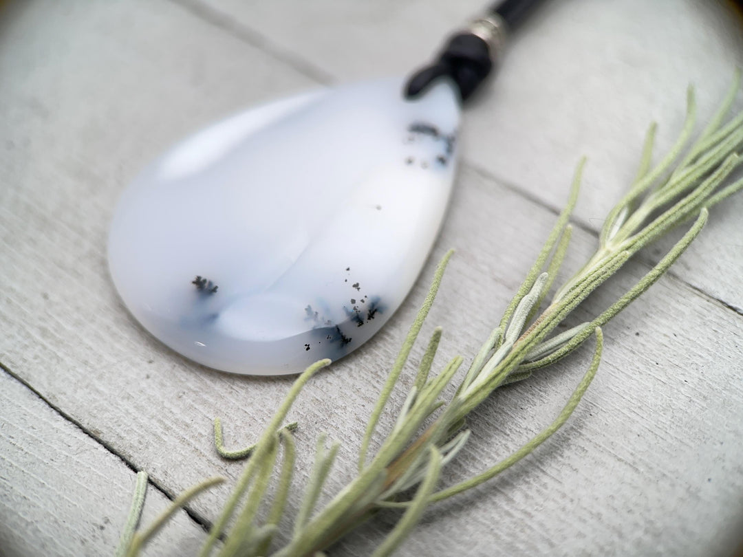 Dendritic Opal Chalcedony and Black Leather Necklace - SunlightSilver