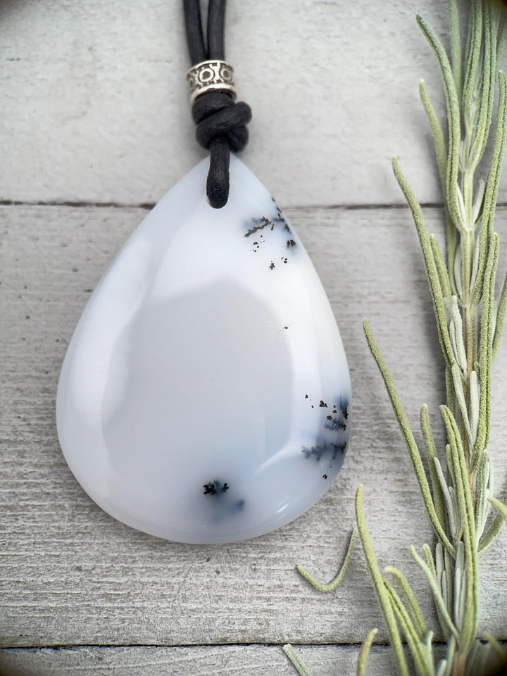 Dendritic Opal Chalcedony and Black Leather Necklace - SunlightSilver