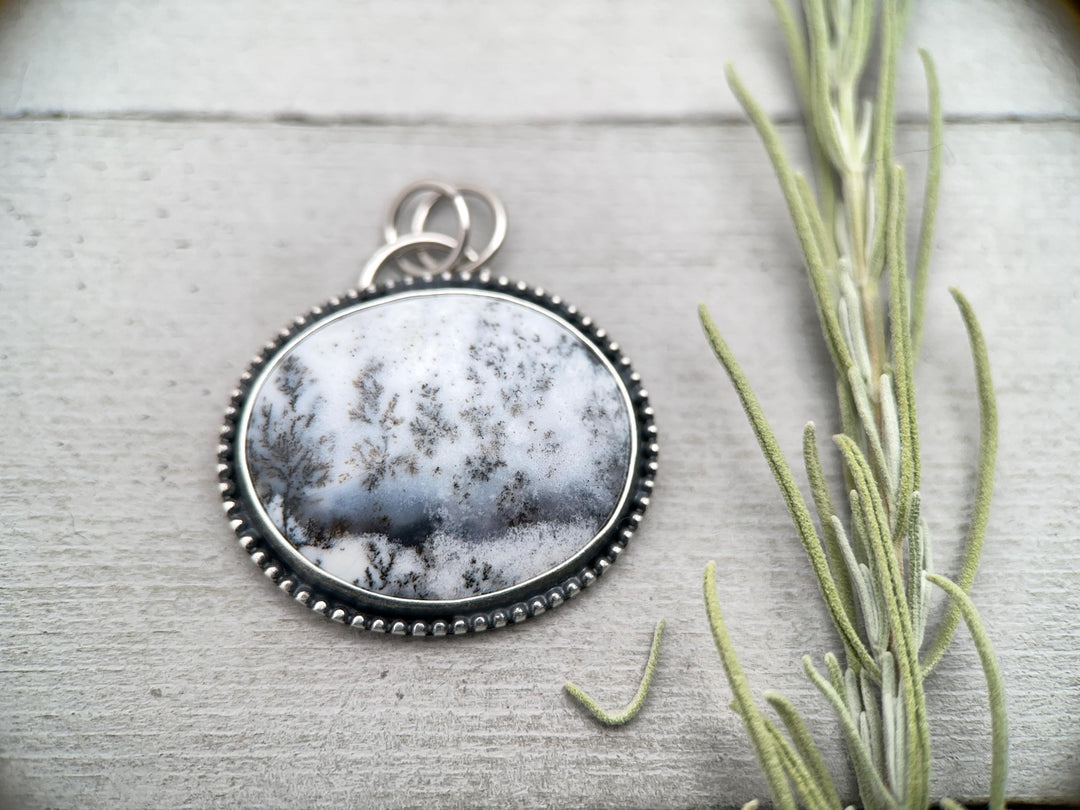 Dendritic Opal Chalcedony and Sterling Silver Snowy Landscape Pendant - SunlightSilver