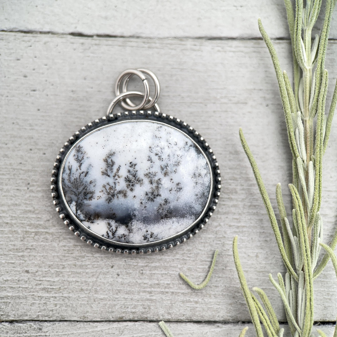 Dendritic Opal Chalcedony and Sterling Silver Snowy Landscape Pendant - SunlightSilver