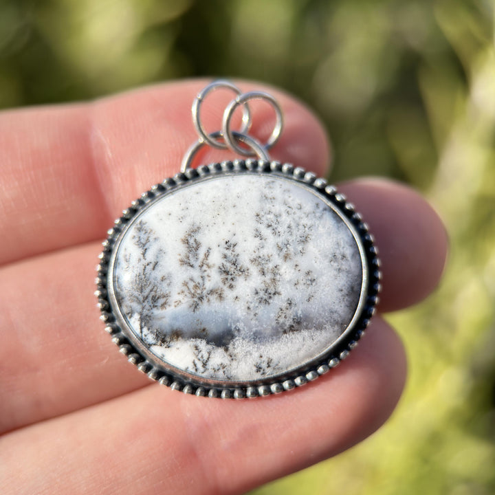 Dendritic Opal Chalcedony and Sterling Silver Snowy Landscape Pendant - SunlightSilver