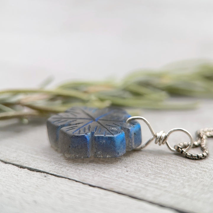 Labradorite Carved Snowflake and Sterling Silver Pendant - SunlightSilver