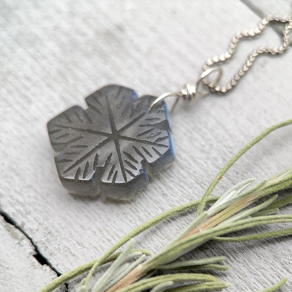 Labradorite Carved Snowflake and Sterling Silver Pendant - Winter Snow Lover Jewelry - SunlightSilver
