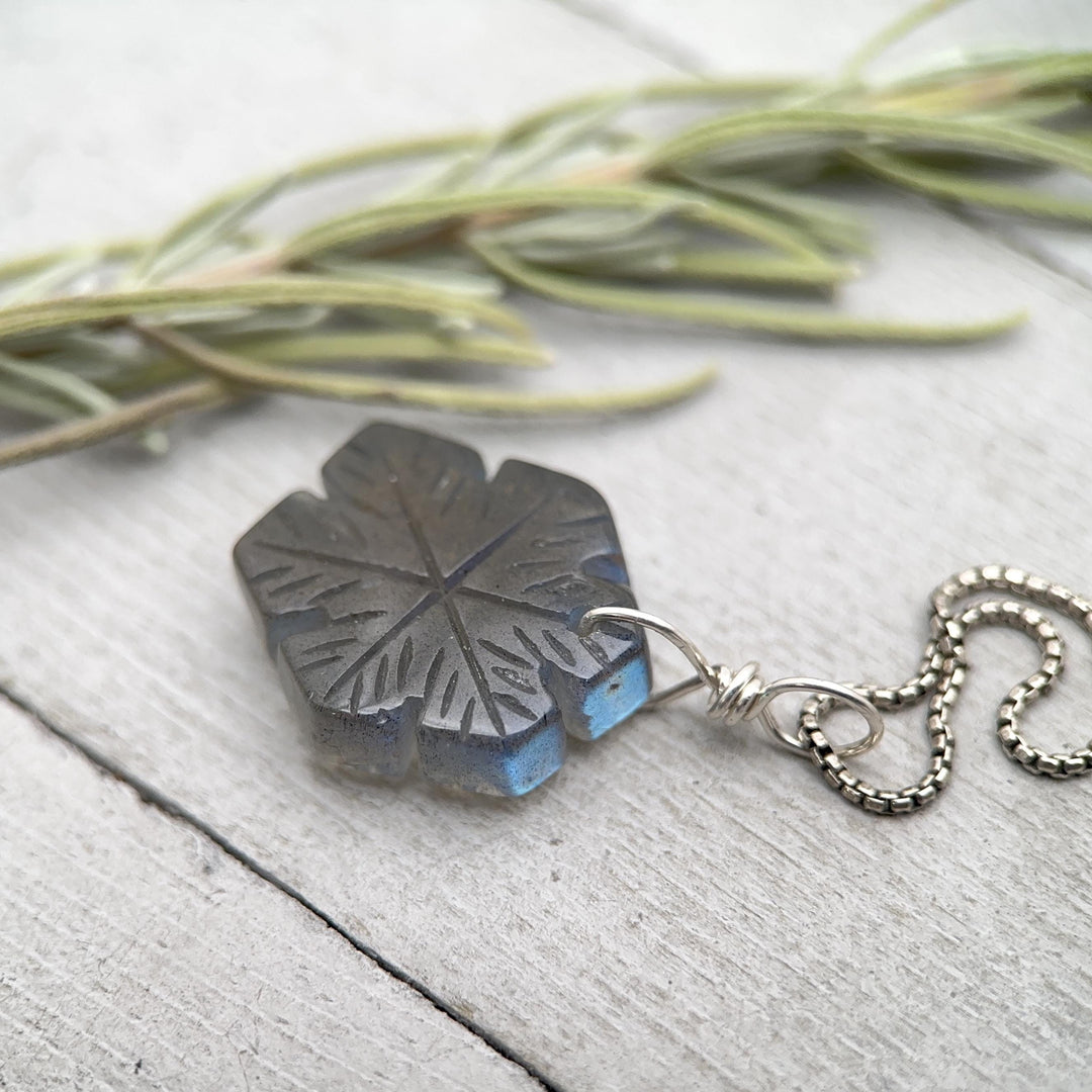 Labradorite Carved Snowflake and Sterling Silver Pendant - SunlightSilver