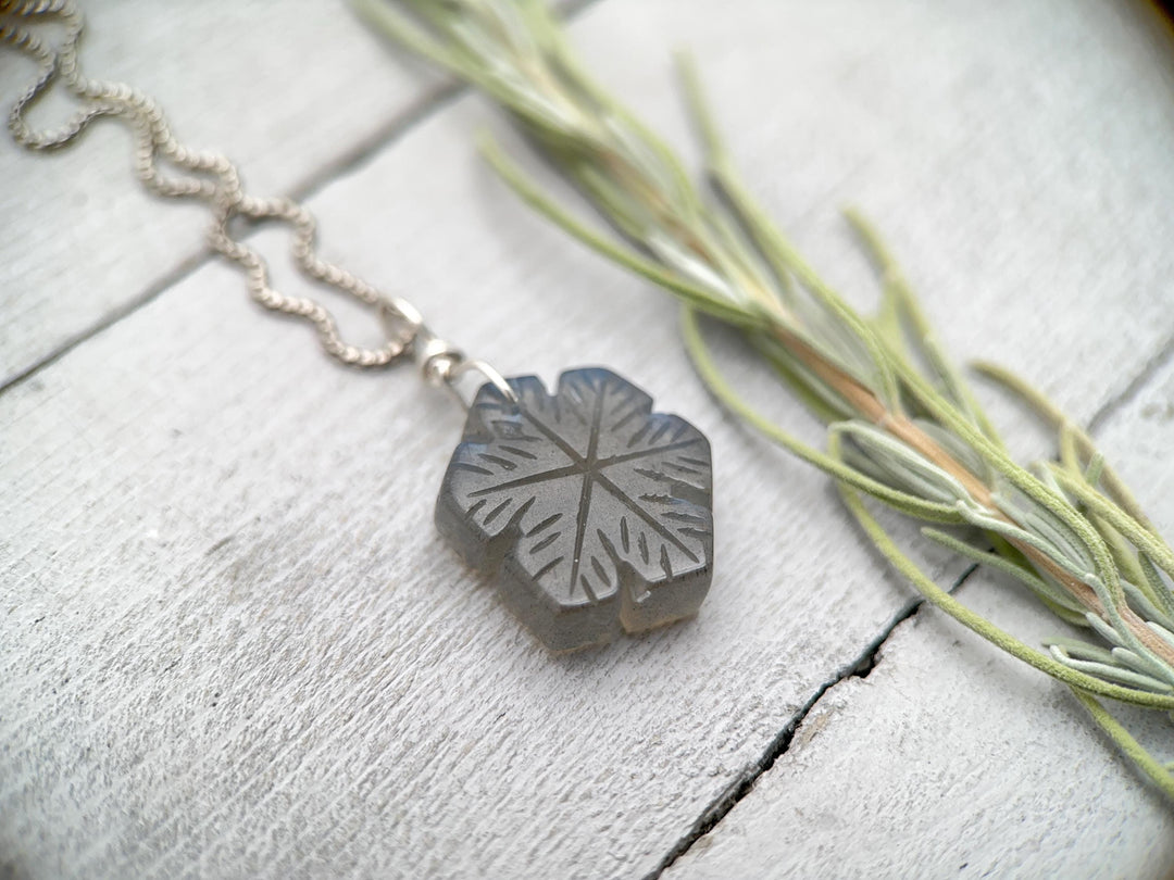 Labradorite Carved Snowflake and Sterling Silver Pendant - SunlightSilver