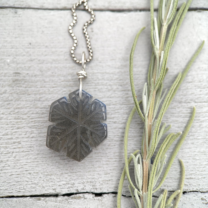 Labradorite Carved Snowflake and Sterling Silver Pendant - SunlightSilver