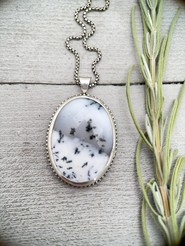 Dendritic Opal Chalcedony and Sterling Silver Snowy Landscape Necklace - SunlightSilver