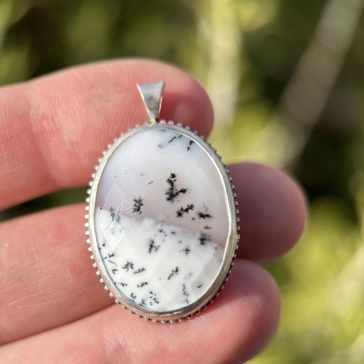 Dendritic Opal Chalcedony and Sterling Silver Snowy Landscape Necklace - SunlightSilver