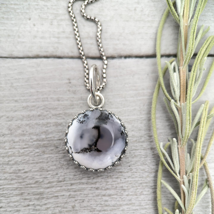 Dendritic Opal Chalcedony and Sterling Silver Pendant Snowy Landscape Necklace - SunlightSilver