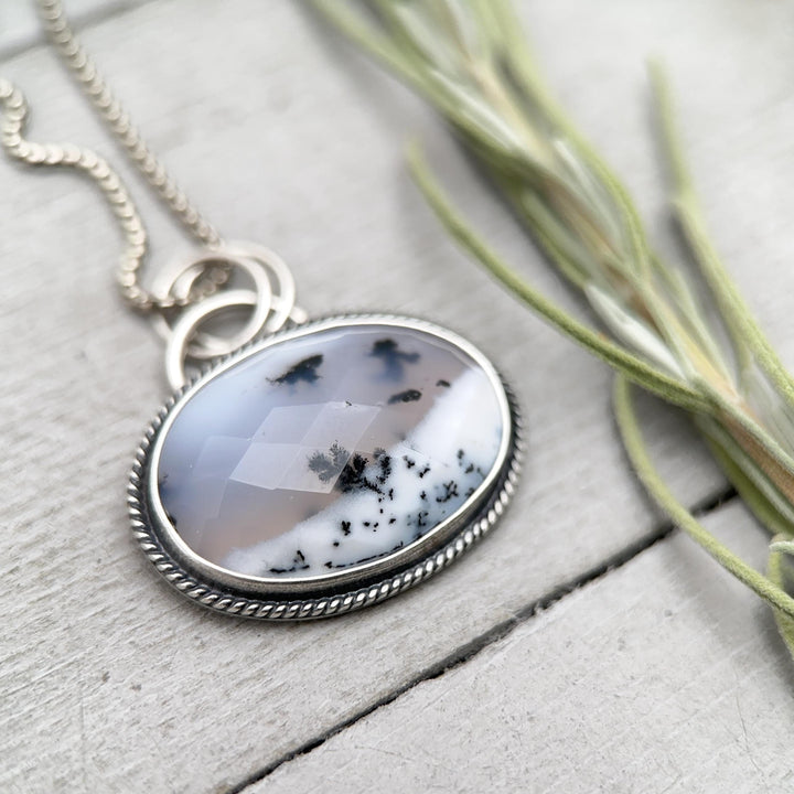 Dendritic Opal and Sterling Silver Pendant Snowy Landscape Necklace - SunlightSilver