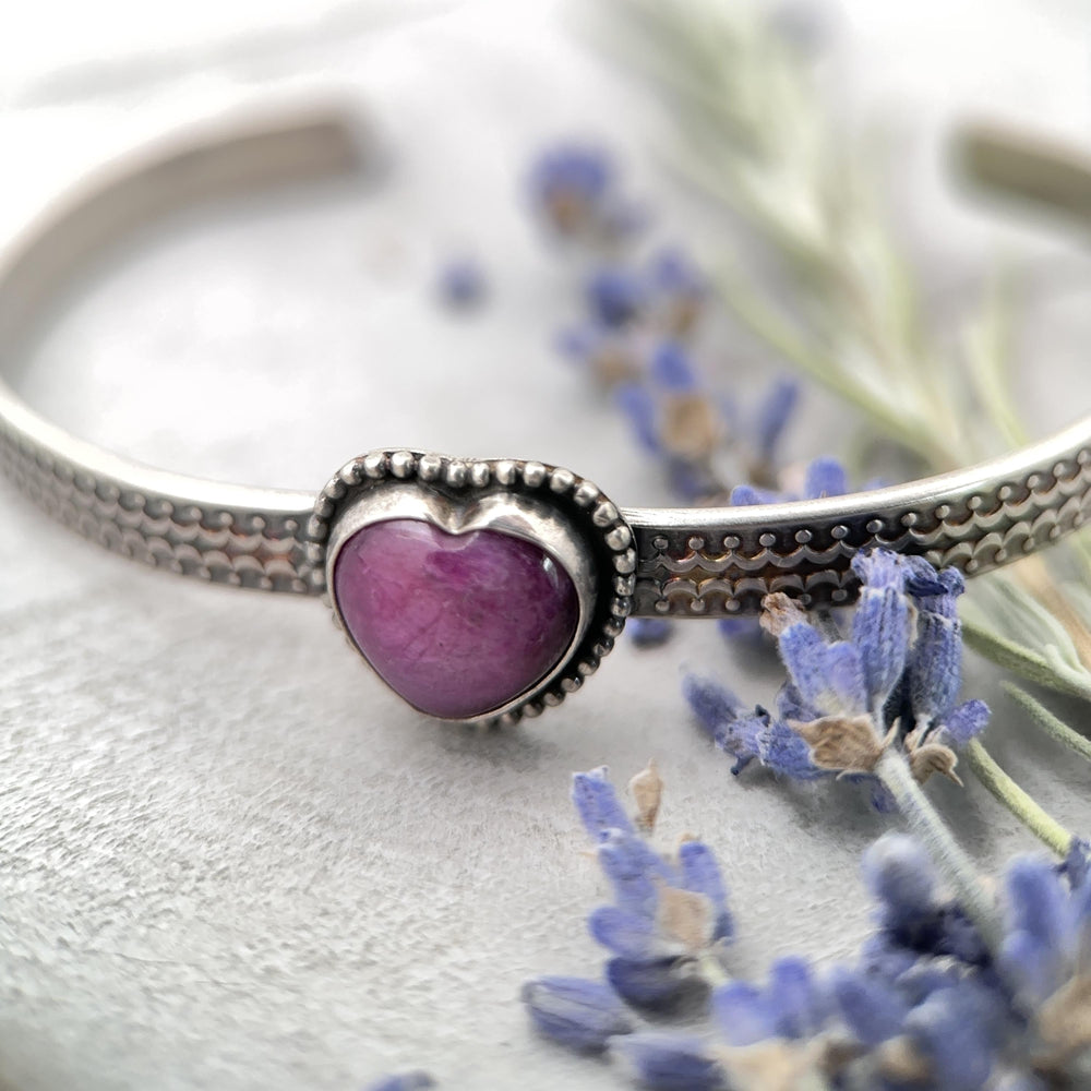 Pink Ruby Heart and Sterling Silver Cuff Bracelet - SunlightSilver