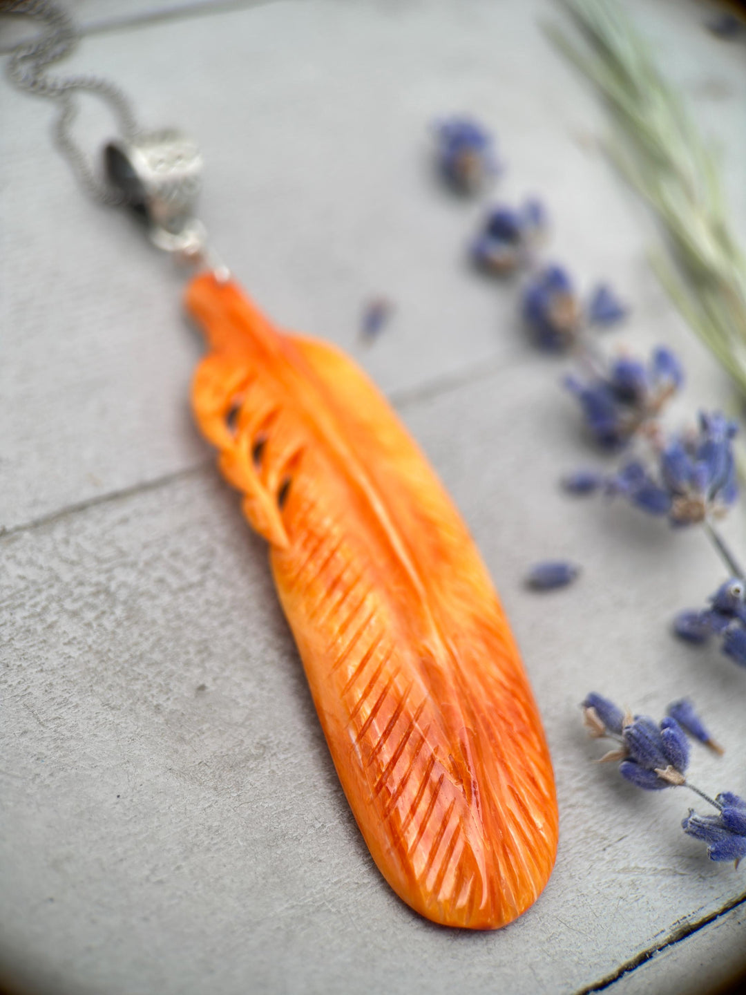 Large Carved Orange Spiny Oyster Feather and Sterling Silver Pendant - SunlightSilver