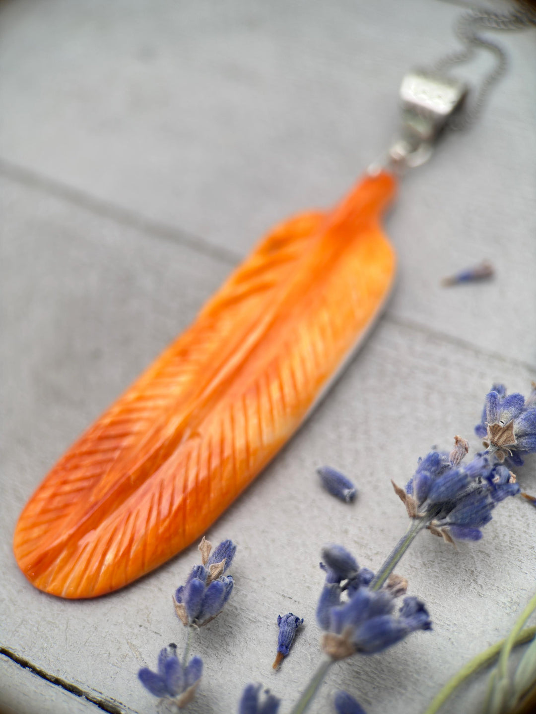 Large Carved Orange Spiny Oyster Feather and Sterling Silver Pendant - SunlightSilver