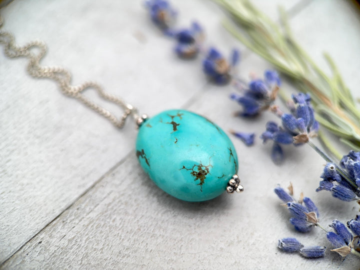 Large Turquoise Pendant on a Sterling Silver Chain - SunlightSilver