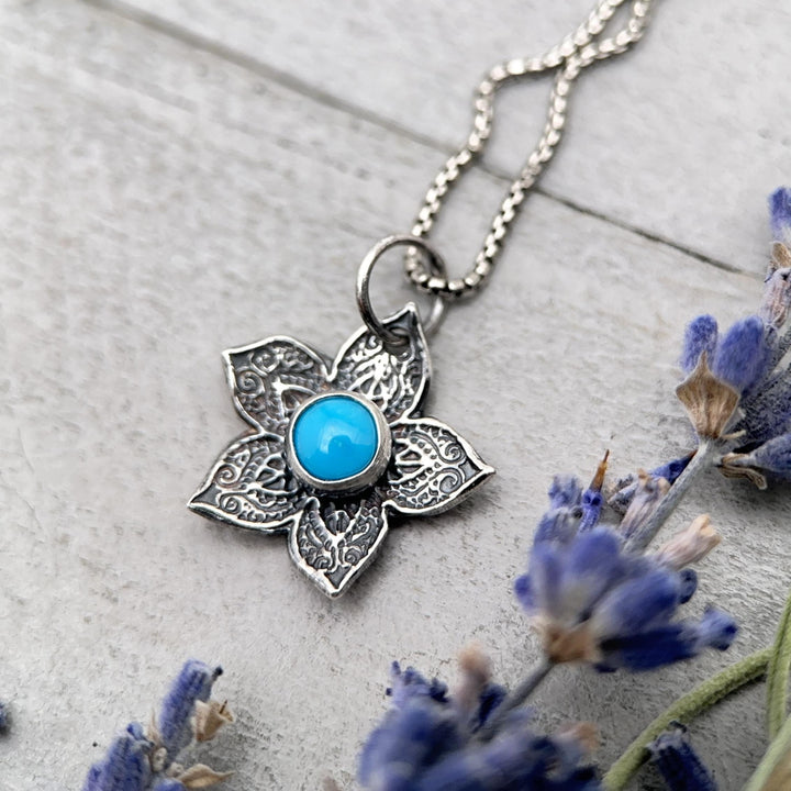 Small Blue Ridge Turquoise and Sterling Silver Flower Charm Necklace - SunlightSilver