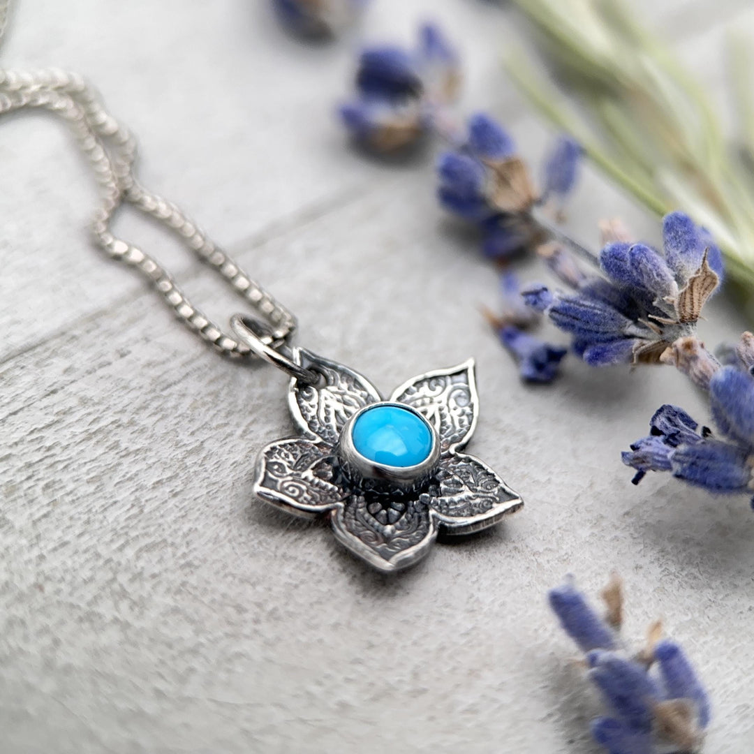 Small Blue Ridge Turquoise and Sterling Silver Flower Charm Necklace - SunlightSilver