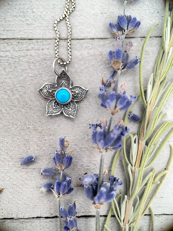 Small Blue Ridge Turquoise and Sterling Silver Flower Charm Necklace - SunlightSilver