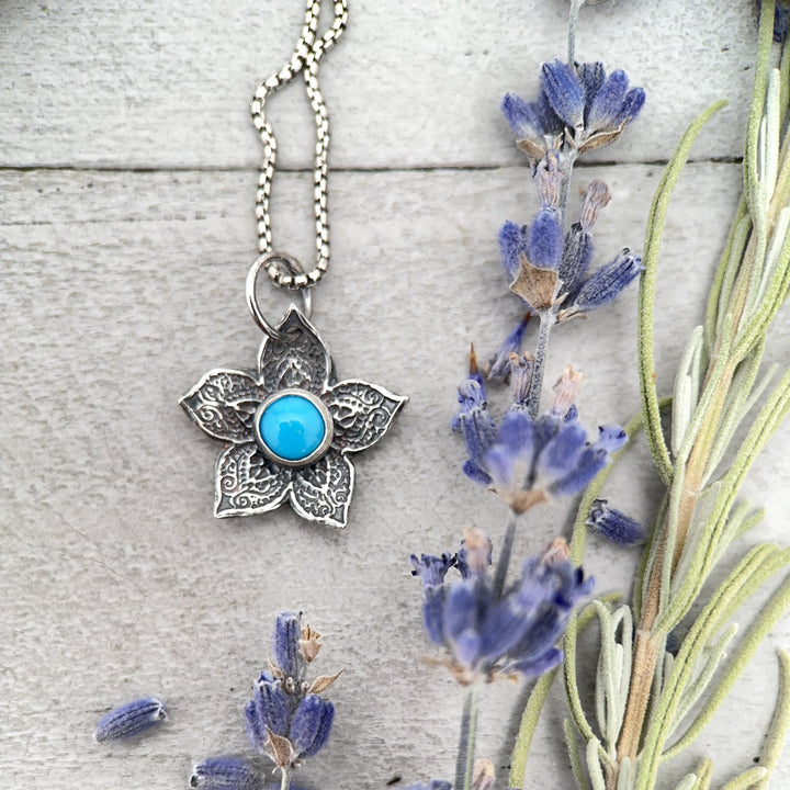 Small Blue Ridge Turquoise and Sterling Silver Flower Charm Necklace - SunlightSilver