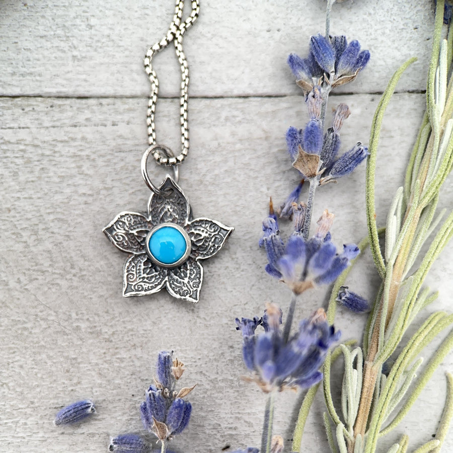 Small Blue Ridge Turquoise and Sterling Silver Flower Charm Necklace - SunlightSilver