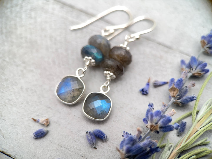 Faceted Labradorite and Sterling Silver Earrings. Flashy Glowing Stones - SunlightSilver