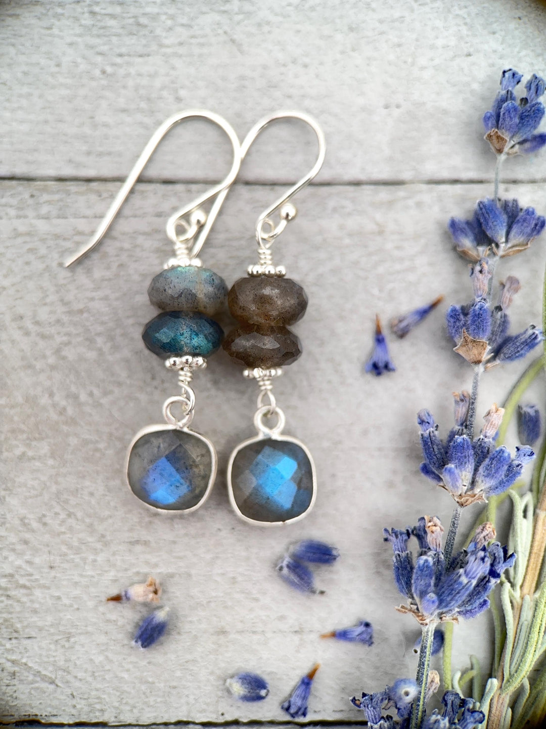 Faceted Labradorite and Sterling Silver Earrings. Flashy Glowing Stones - SunlightSilver