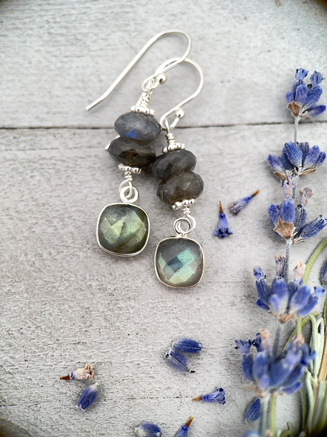 Faceted Labradorite and Sterling Silver Earrings. Flashy Glowing Stones - SunlightSilver