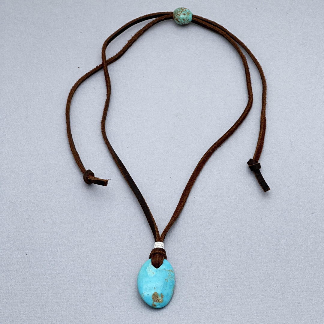 Rustic Blue Kingman Turquoise Adjustable Leather Necklace - SunlightSilver