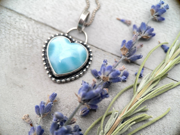 Larimar Heart and Solid 925 Sterling Silver Pendant Necklace - SunlightSilver