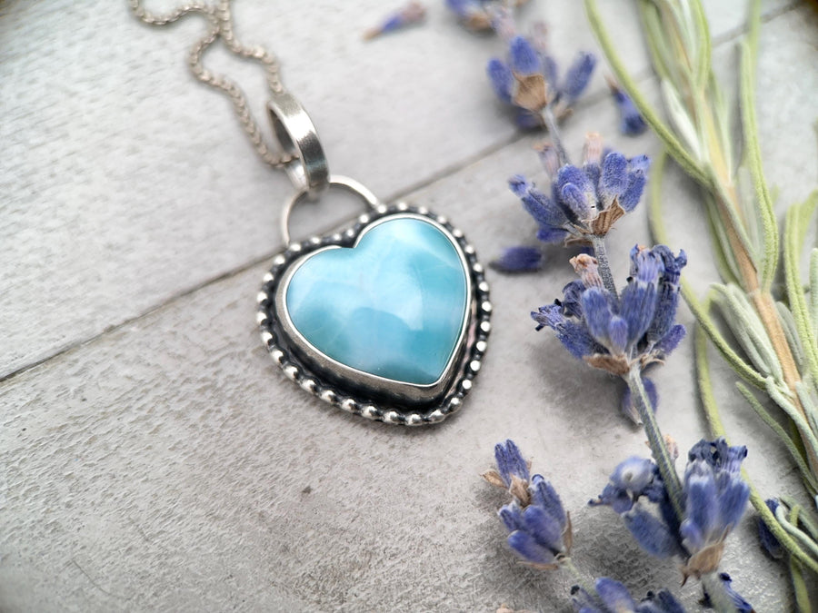 Larimar Heart and Solid 925 Sterling Silver Pendant Necklace - SunlightSilver