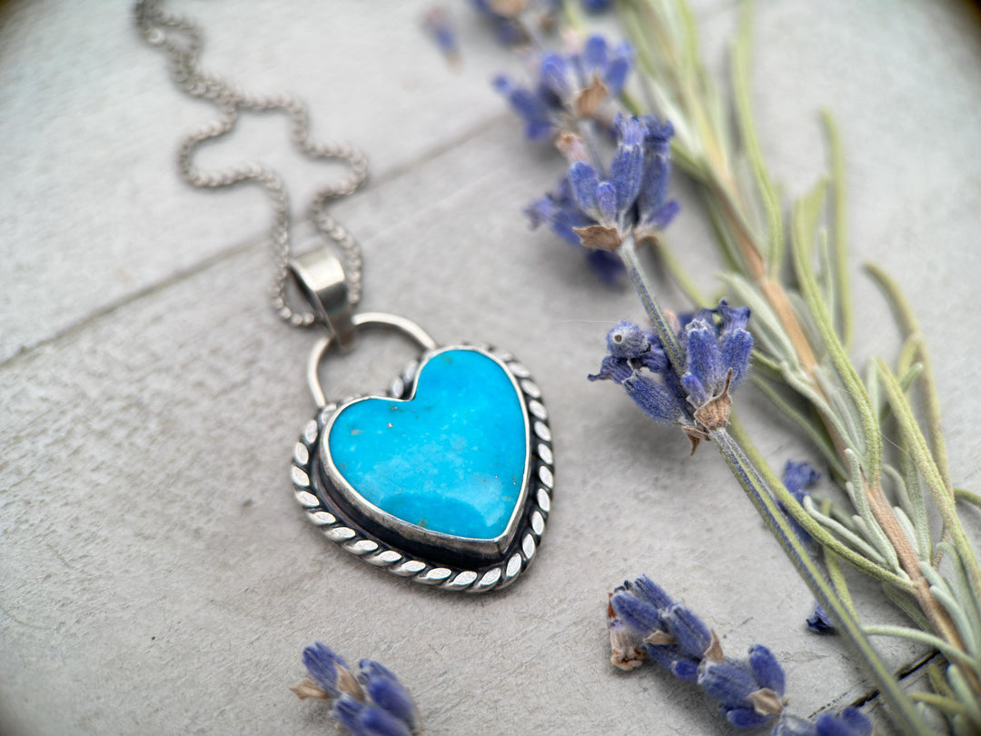 Kingman Turquoise Heart and Sterling Silver Pendant Necklace - SunlightSilver