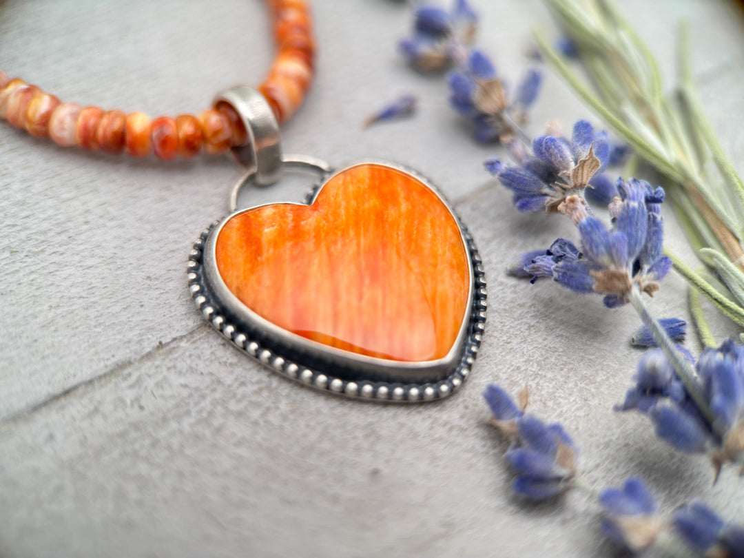 Red Spiny Oyster Heart and Sterling Silver Pendant - SunlightSilver