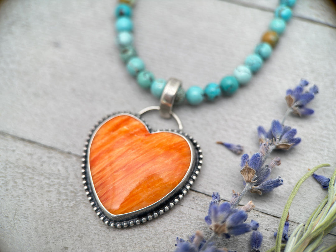 Red Spiny Oyster Heart and Sterling Silver Pendant - SunlightSilver