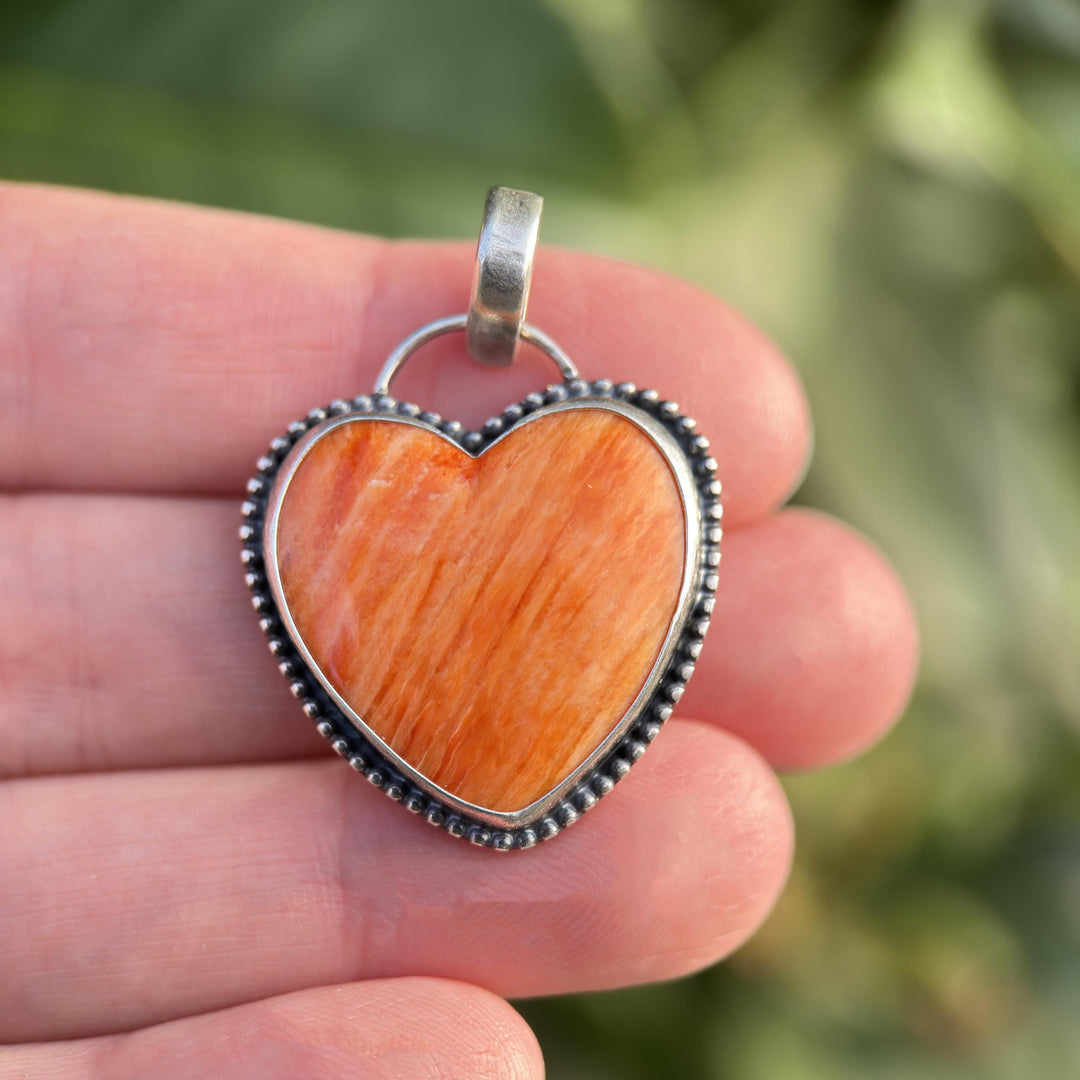 Red Spiny Oyster Heart and Sterling Silver Pendant - SunlightSilver