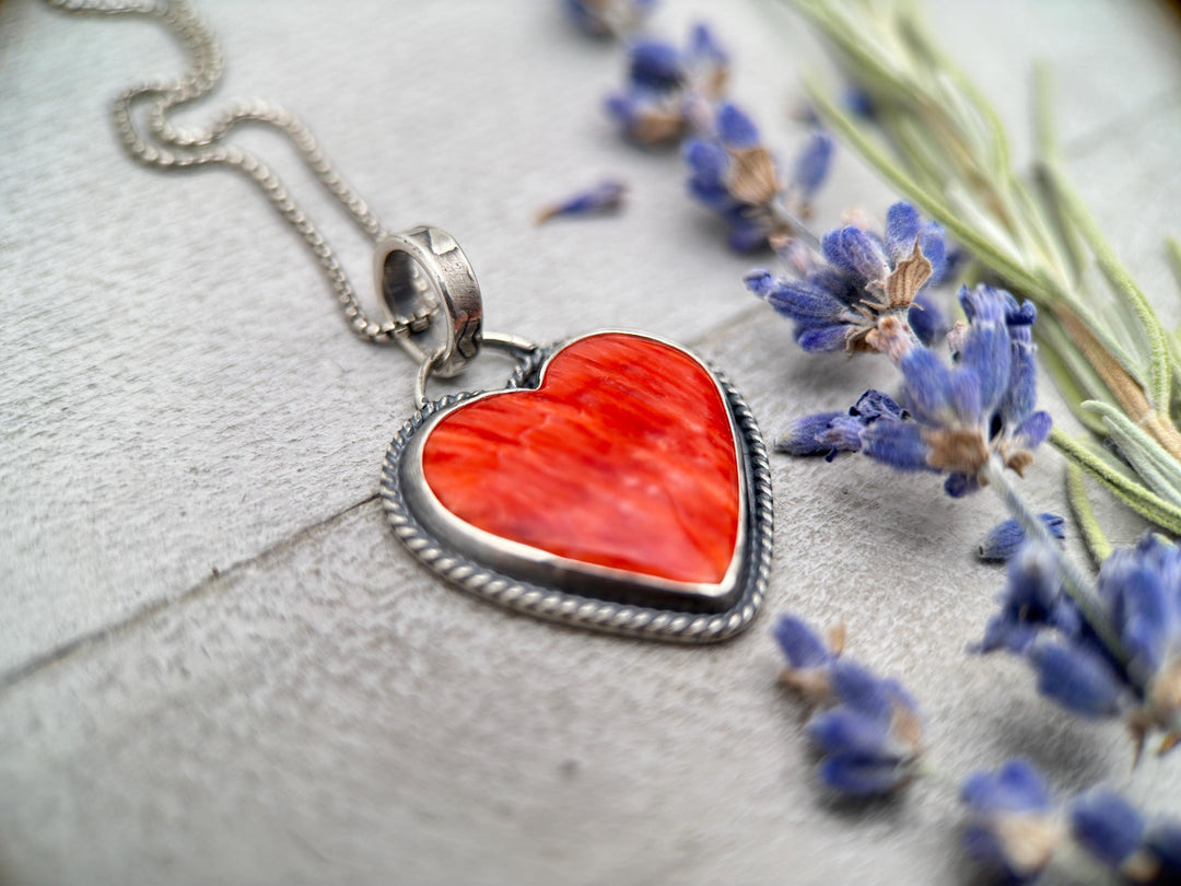 Red Spiny Oyster Heart and Sterling Silver Pendant - SunlightSilver